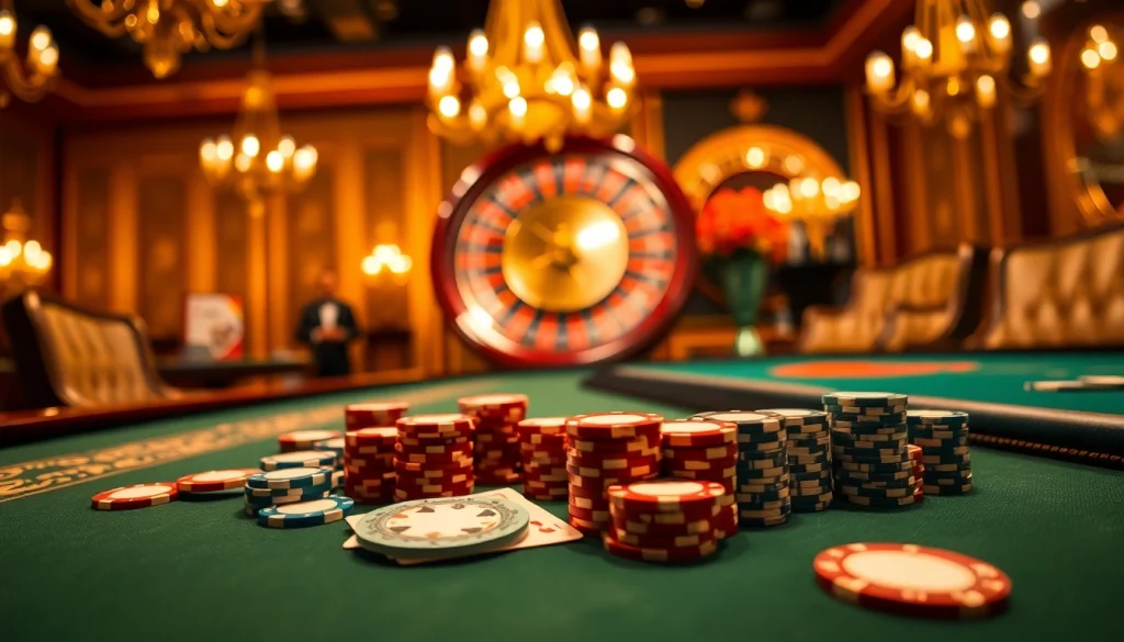 Exciting gameplay at lc88 com with casino table and roulette wheel in a luxurious setting.