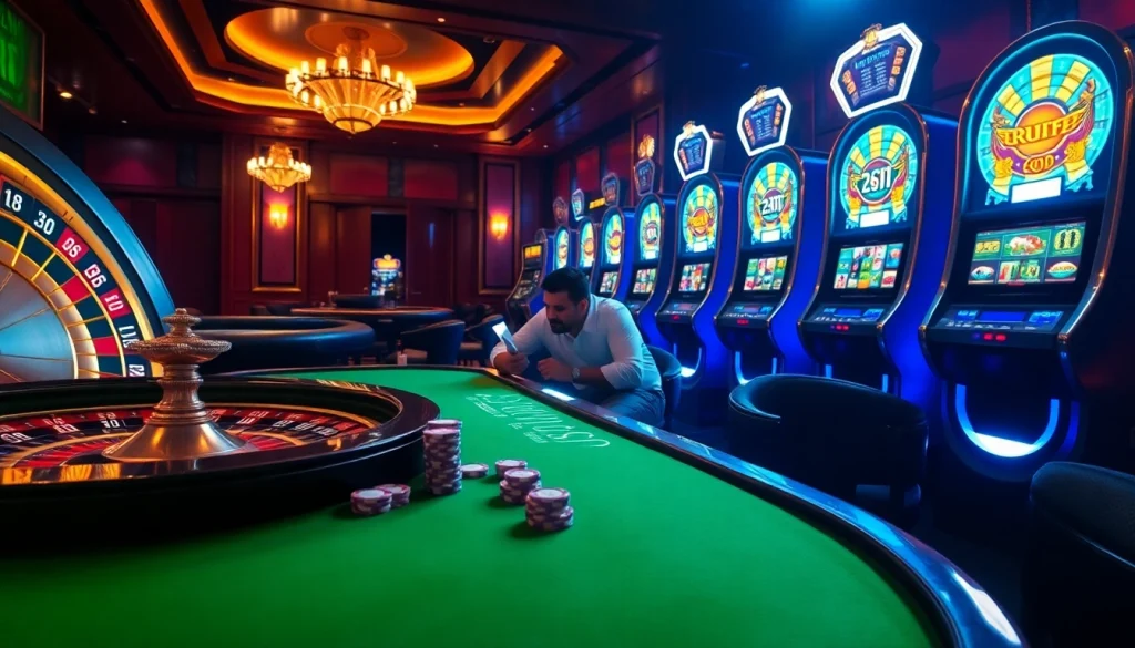 Experience the thrill of gambling at GG88 com with a vibrant casino scene featuring roulette and blackjack.