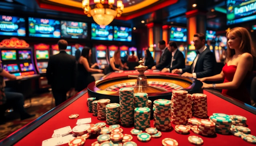 Người chơi hào hứng tương tác với ứng dụng BetVIP trong một casino sang trọng, đầy chip poker và những lá bài.