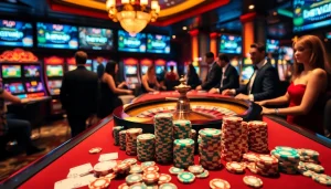 Người chơi hào hứng tương tác với ứng dụng BetVIP trong một casino sang trọng, đầy chip poker và những lá bài.