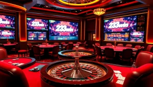 Experience the thrill of betting on 23win with luxurious casino tables and vibrant gaming atmosphere.