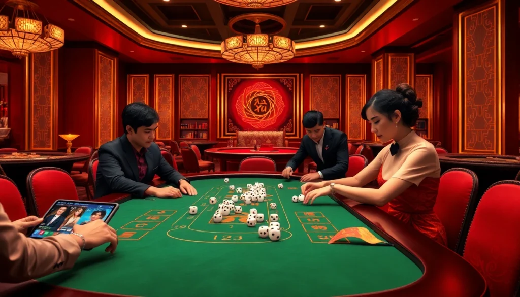 Players enjoying app tài xỉu online with digital dice and betting chips at a luxurious casino table.