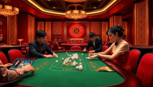 Players enjoying app tài xỉu online with digital dice and betting chips at a luxurious casino table.