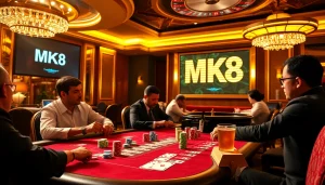 Players enjoying a high-stakes poker game at the MK8 casino, surrounded by vibrant chips and exciting ambiance.