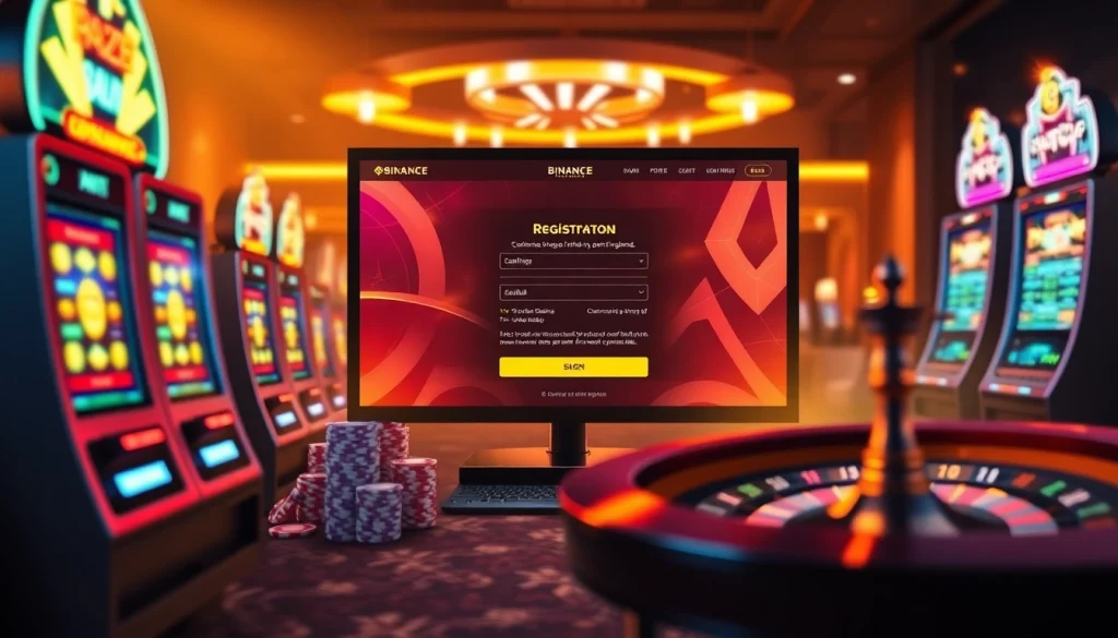 Register at Binance 회원가입, featuring an engaging casino environment with vibrant visual elements.