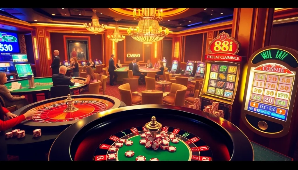 Players celebrating a big win at the 88i casino's roulette and blackjack tables, showcasing excitement and luxury.