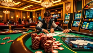 A thrilling gaming moment at https://mk8th.net/, showcasing poker chips and a player's intense focus at a luxurious casino table.