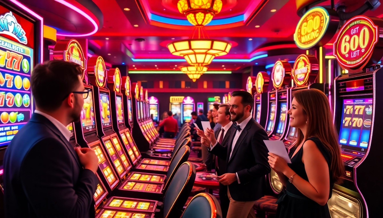 Players celebrating their wins on slot gacor machines in a vibrant casino atmosphere with bright lights.