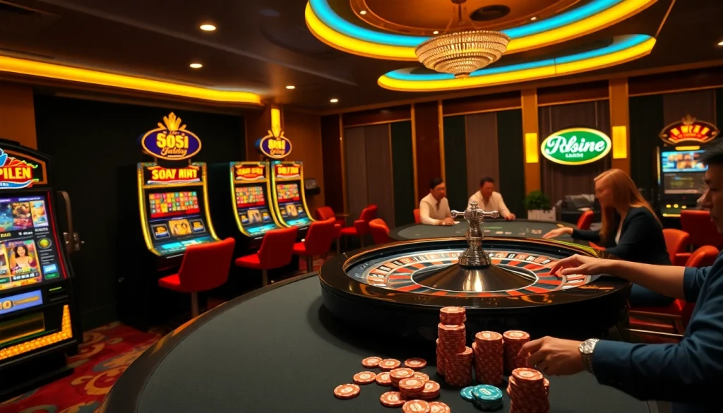 Gamblers enjoying a vibrant casino atmosphere at 88i with slot machines and poker tables.