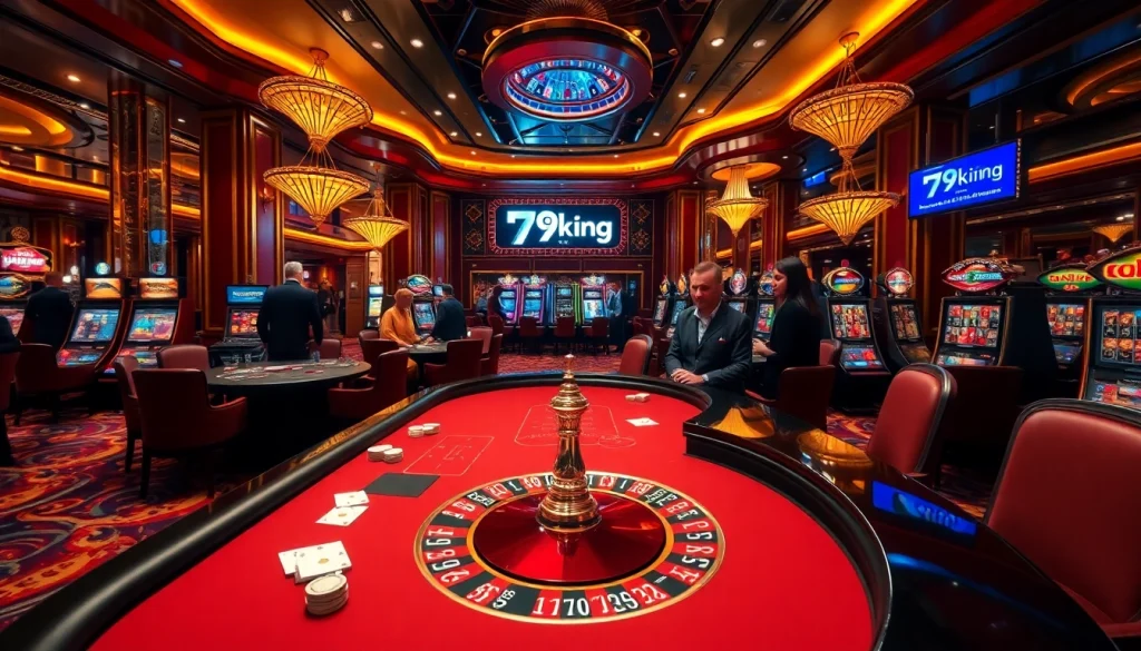 Exciting casino scene showcasing players at 79king poker and roulette tables with vibrant atmosphere.