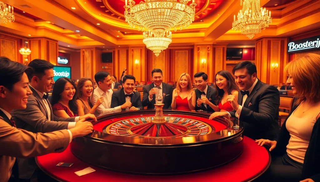 Players engaging at a roulette table in a luxurious casino, featuring Boosterjp branding.