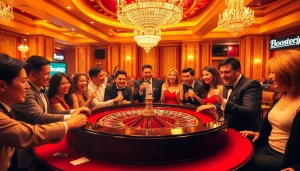 Players engaging at a roulette table in a luxurious casino, featuring Boosterjp branding.