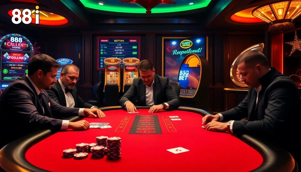 Players strategizing at a poker table while enjoying the vibrant casino atmosphere of 88i.