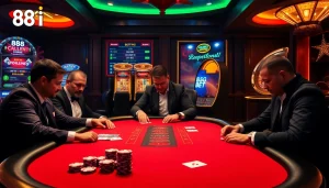 Players strategizing at a poker table while enjoying the vibrant casino atmosphere of 88i.