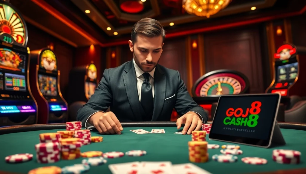 Watch players strategize at a luxury poker table featuring positions at https://go8.cash/ with vibrant chips and cards.