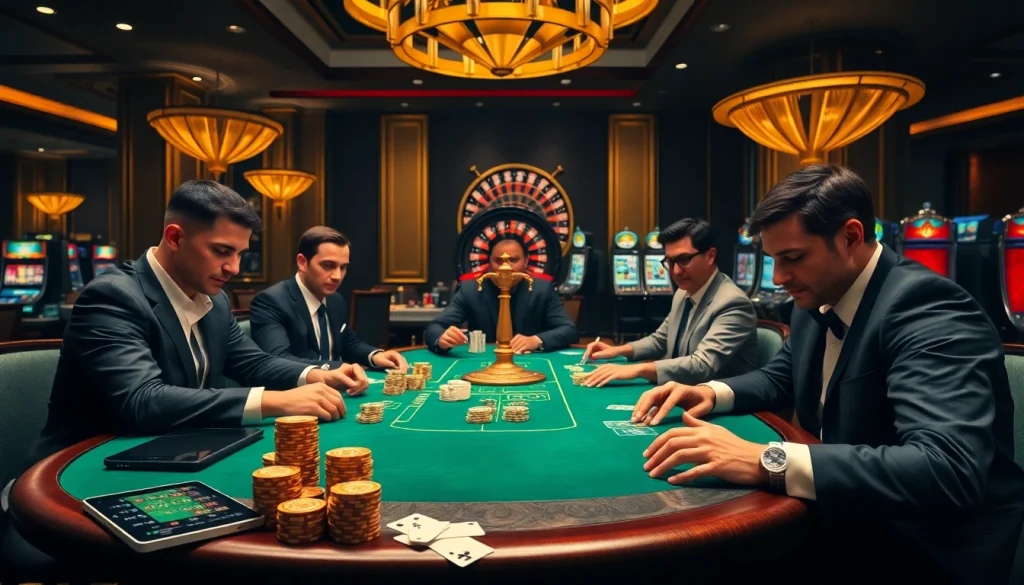 Engage in thrilling poker action at https://gamenohu99.com/: Luxurious casino scene with players and poker chips.