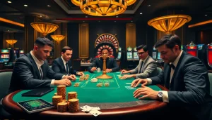 Engage in thrilling poker action at https://gamenohu99.com/: Luxurious casino scene with players and poker chips.