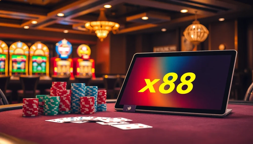 Engaging casino scene showcasing https://xx88.nl/ with poker chips and an online interface