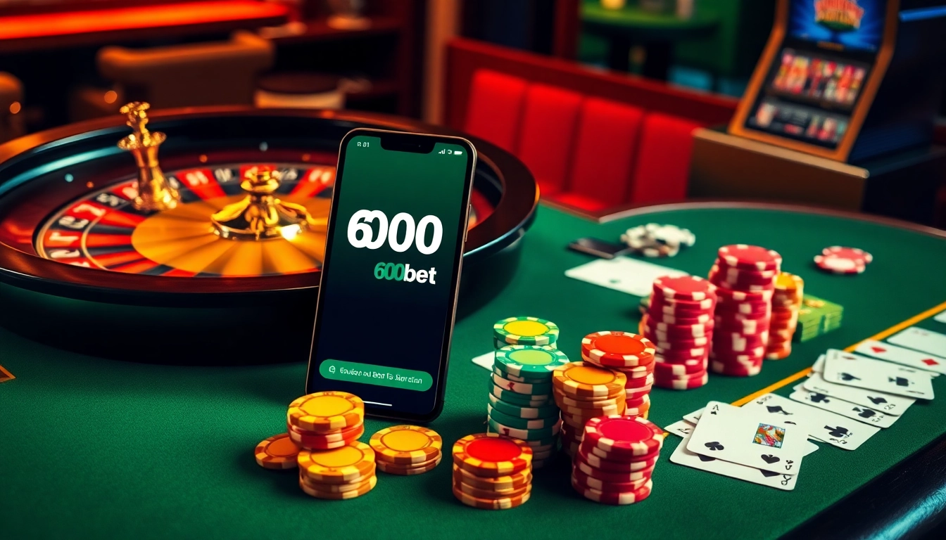 Experience thrilling gaming at 600bet with dynamic casino visuals of roulette and poker tables.