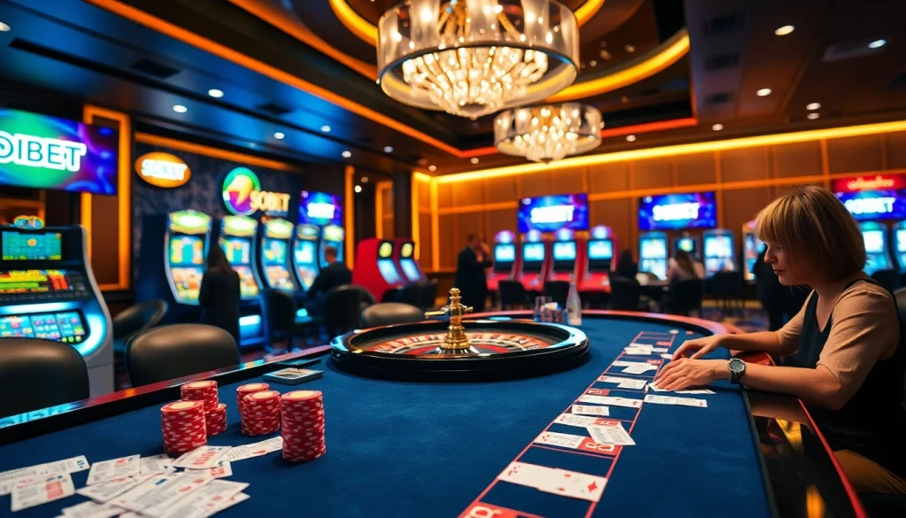 Experience thrilling gaming at SOIBET with vibrant poker chips and a roulette wheel.