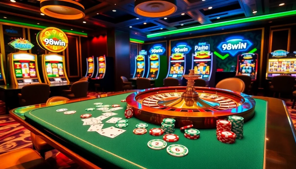 Gamblers enjoying a thrilling moment at 98win's luxurious casino tables with colorful chips and cards.