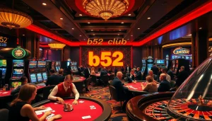 Engage in thrilling gameplay at the b52 club, with vibrant tables and excited players celebrating their wins.