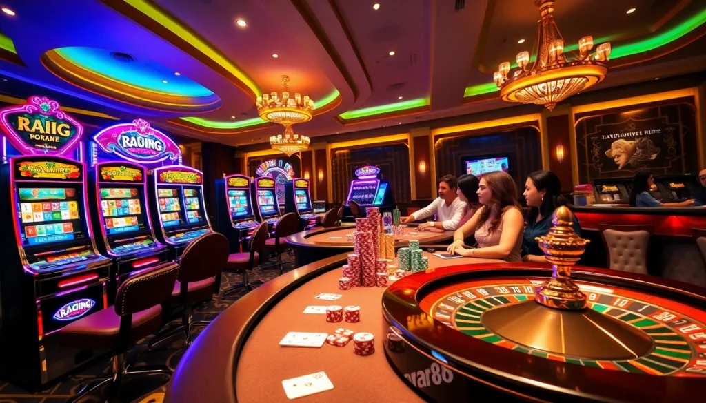 Players placing bets at the raja 88 casino table with vibrant slot machines in the backdrop.