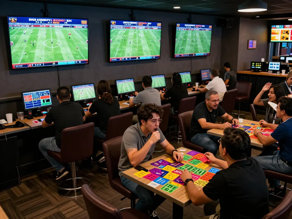 Excited fans engaging in kèo nhà cái while placing bets in a sports betting lounge.