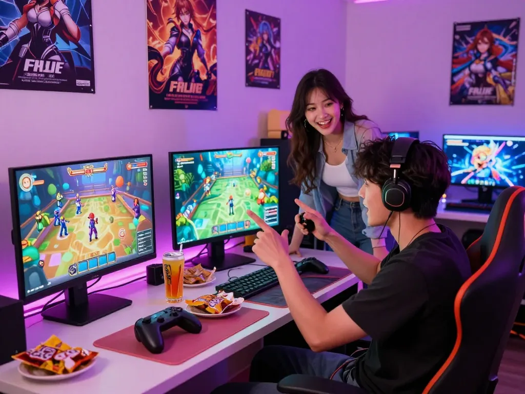 Players enjoying porngames in a cozy gaming room with vibrant visuals.