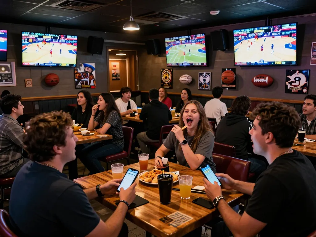 Engaged sports fans betting in a lively sports bar, checking kèo nhà cái hôm nay on their mobile devices.