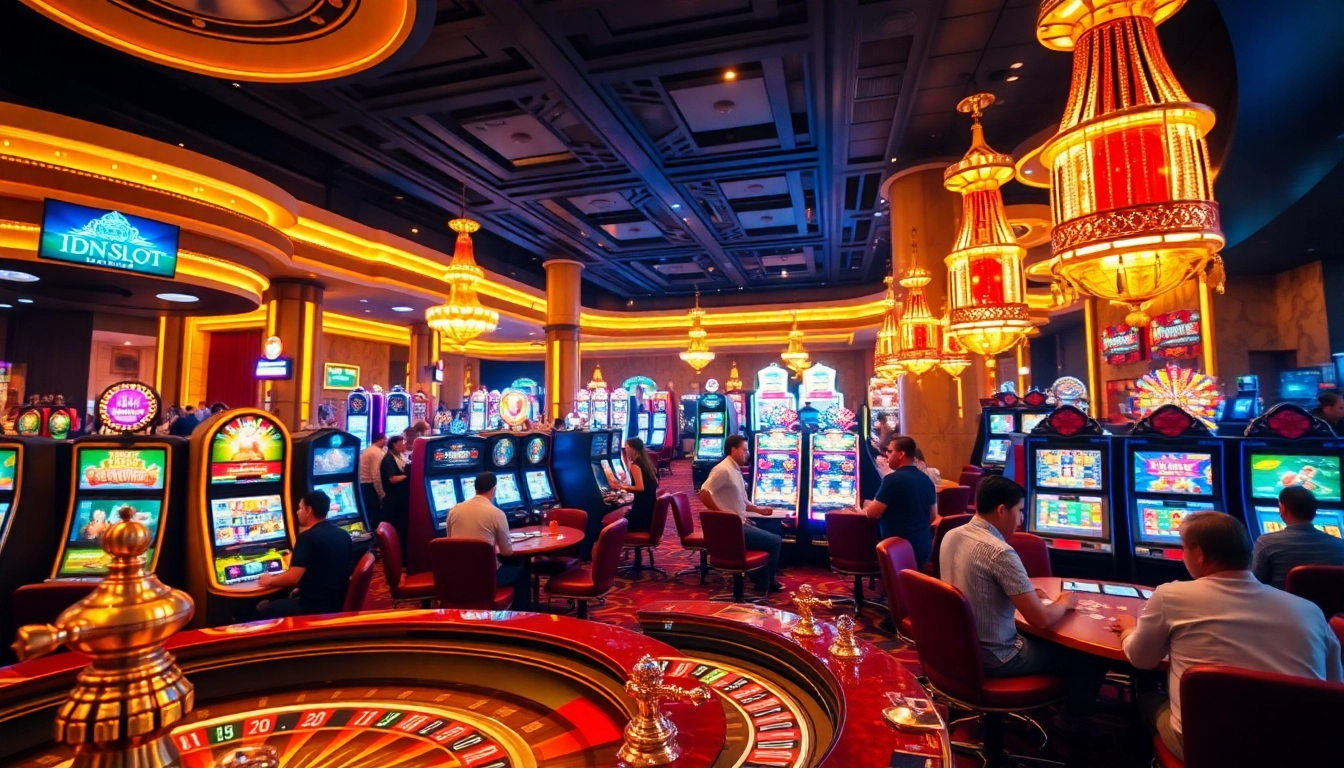 Experience thrilling gaming at idnslot with vibrant slot machines and a luxurious casino atmosphere.