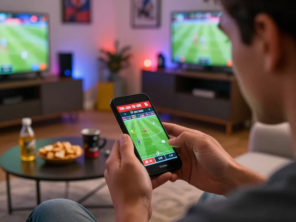Tỷ lệ kèo nhà cái displayed on smartphone during exciting football match betting.