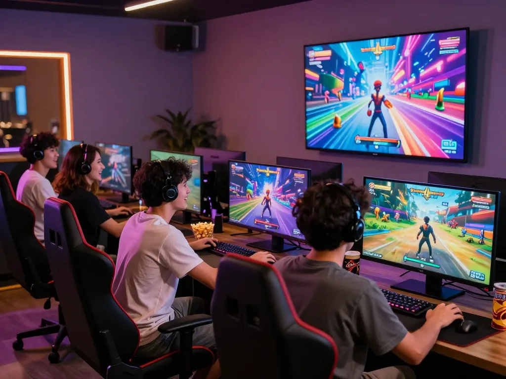 Group of friends enjoying an adult game session in a vibrant gaming lounge.