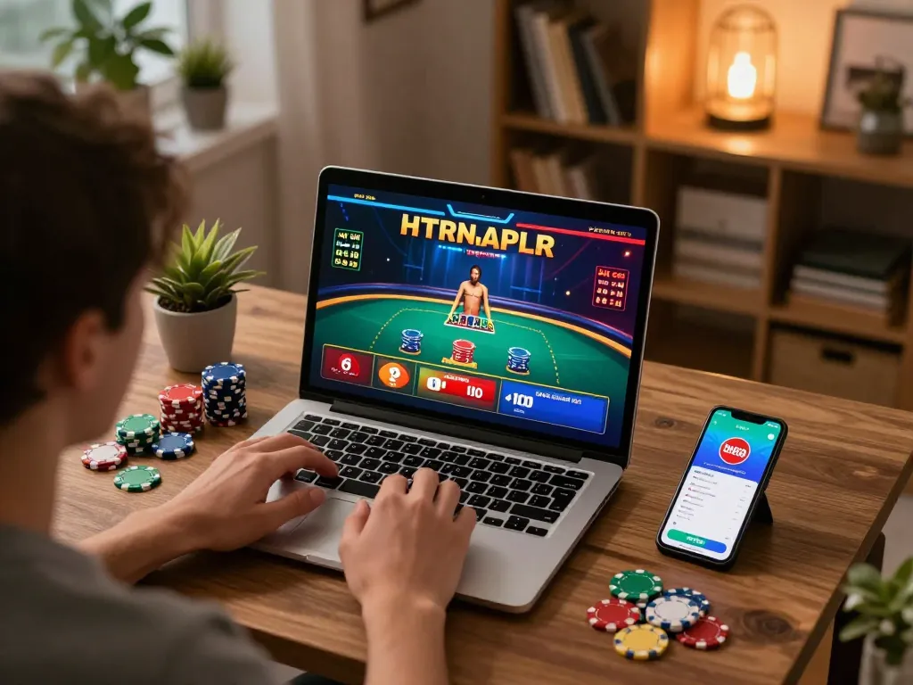 Engaging player strategizing plays on DH88 casino app in cozy home office setting