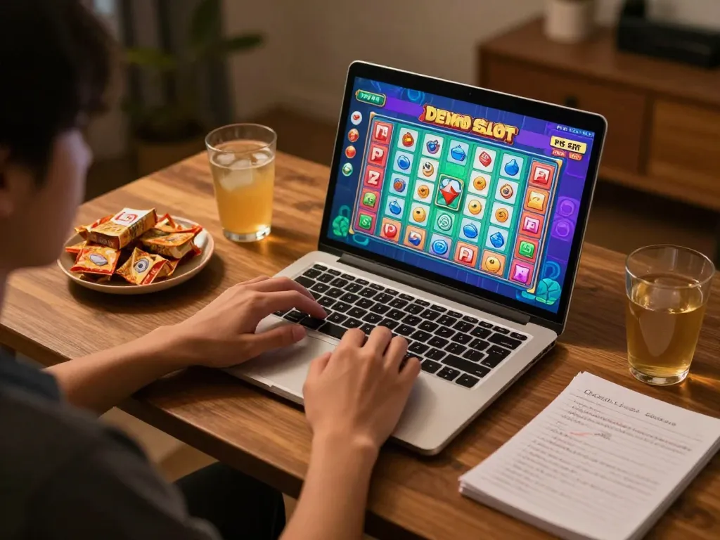 Moment menarik menampilkan seorang pemain menikmati Demo Slot PG Soft Mahjong di laptop di rumah, menunjukkan permainan strategis dan kenyamanan.
