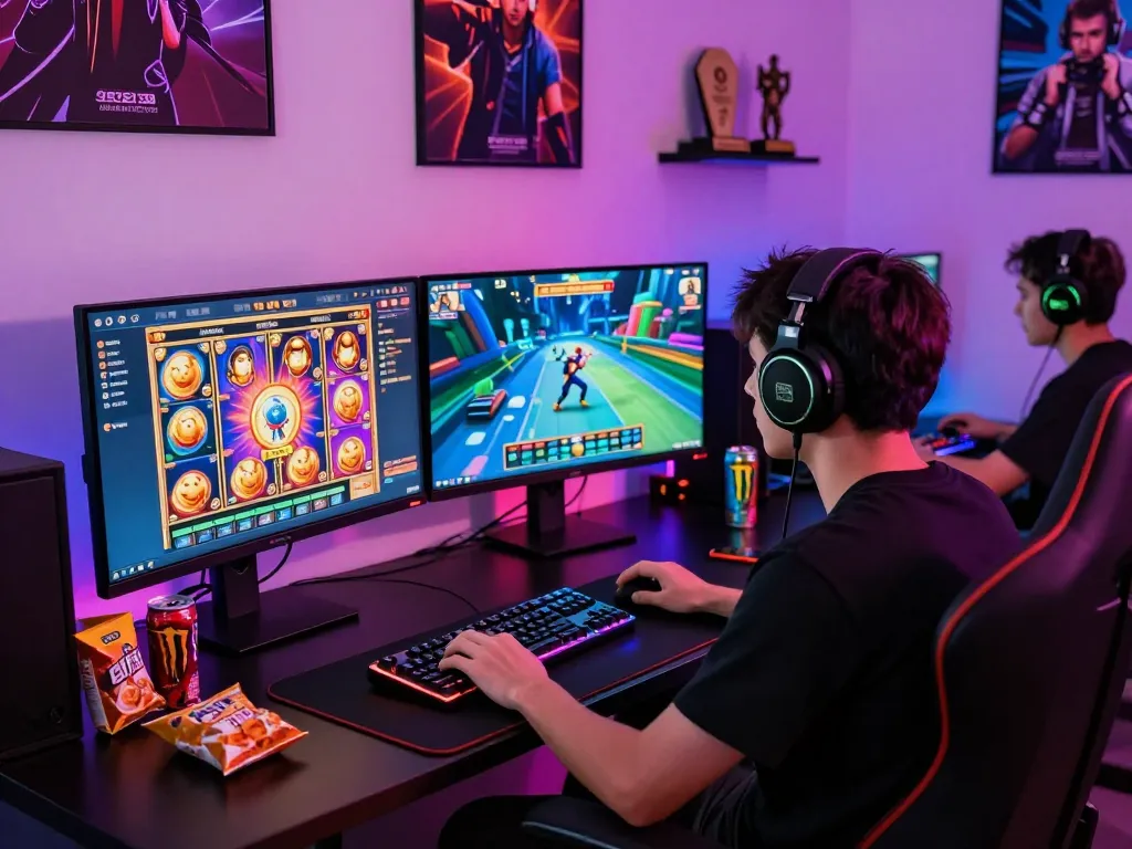 Engaged player enjoying Zeus138 online slot games with dual monitors in dynamic lighting