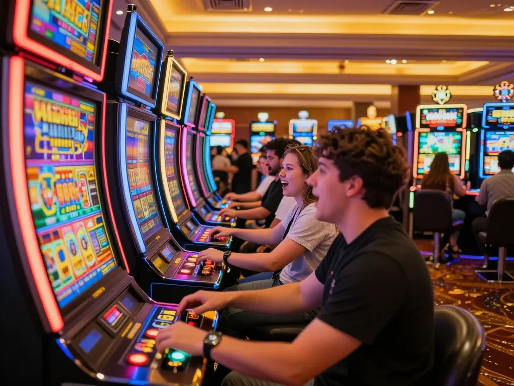 Excited players engaged with colorful slot gacor machines in a lively casino