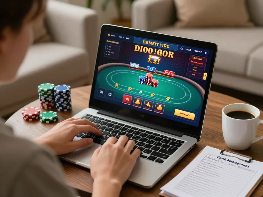 Player engaging in an online tr88 casino experience with dynamic poker gameplay at home.