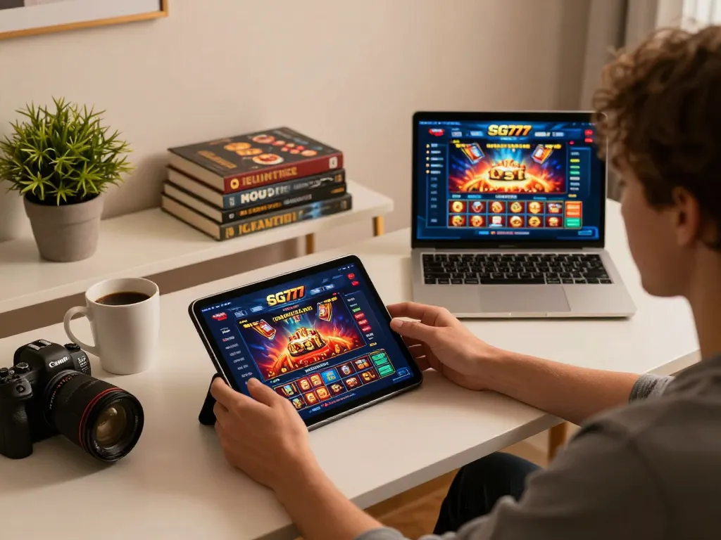 A person engages with the SG777 online casino app during a cozy gaming session at home, highlighting responsible gaming.