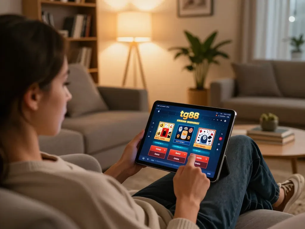 Engaged user exploring tg88 casino app on tablet in stylish home gaming setup