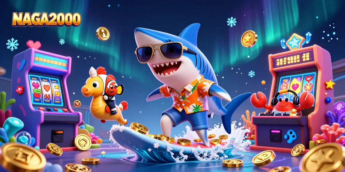 Ilustrasi slot NAGA2000 yang menunjukkan hiu berselancar di koin emas dengan elemen kartun dan peralatan permainan