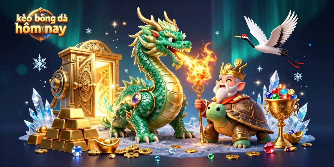 Engage in sports betting scenes with kèo bóng đá hôm nay, featuring a dragon, turtle sage, and lucky cranes.