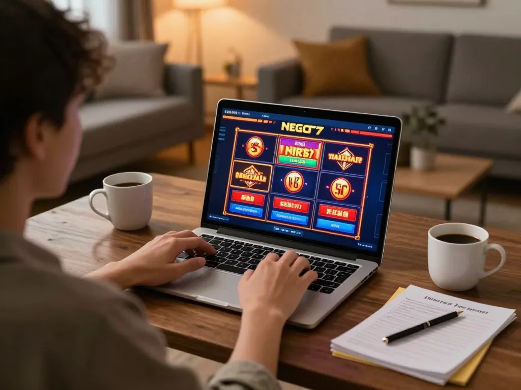 Player engaging with the nego77 casino slots interface on a laptop in a cozy home setting.