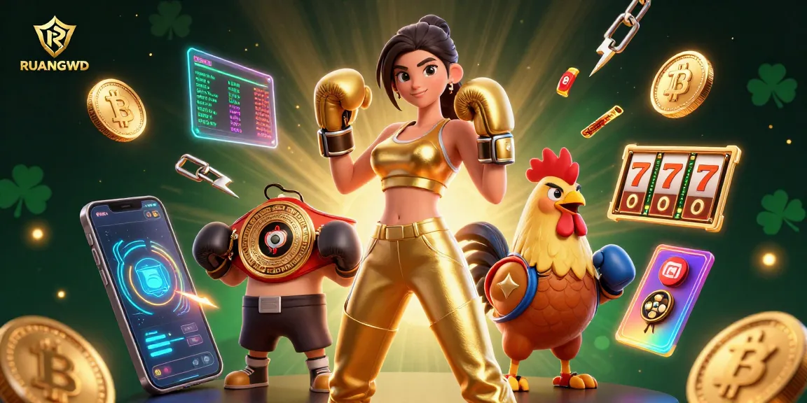 Engage with RUANGWD's vibrant casino world featuring slot games, cryptocurrency elements, and a dynamic atmosphere.