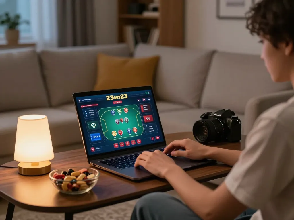 Person engaging with the 23vn23 online casino platform on a laptop, showcasing a cozy gaming atmosphere.
