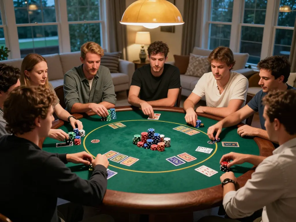 mb88 players engaged in a fun poker night at home, showcasing strategy and camaraderie.