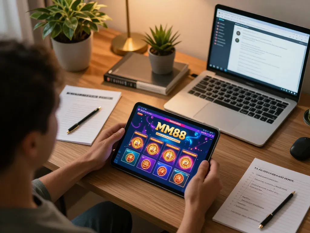 Engaging gameplay on MM88 casino app through tablet at home, showcasing strategic betting.