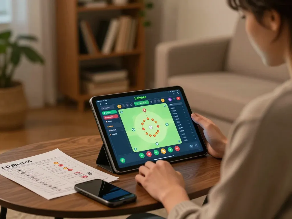 Lô đề online gaming session with strategic notes and tablet interface on a cozy coffee table.