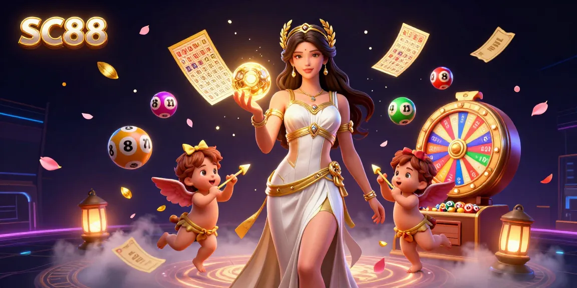 Engage with SC88: A vibrant 3D casino scene showcasing lottery balls, a spinning prize wheel, and a golden goddess.