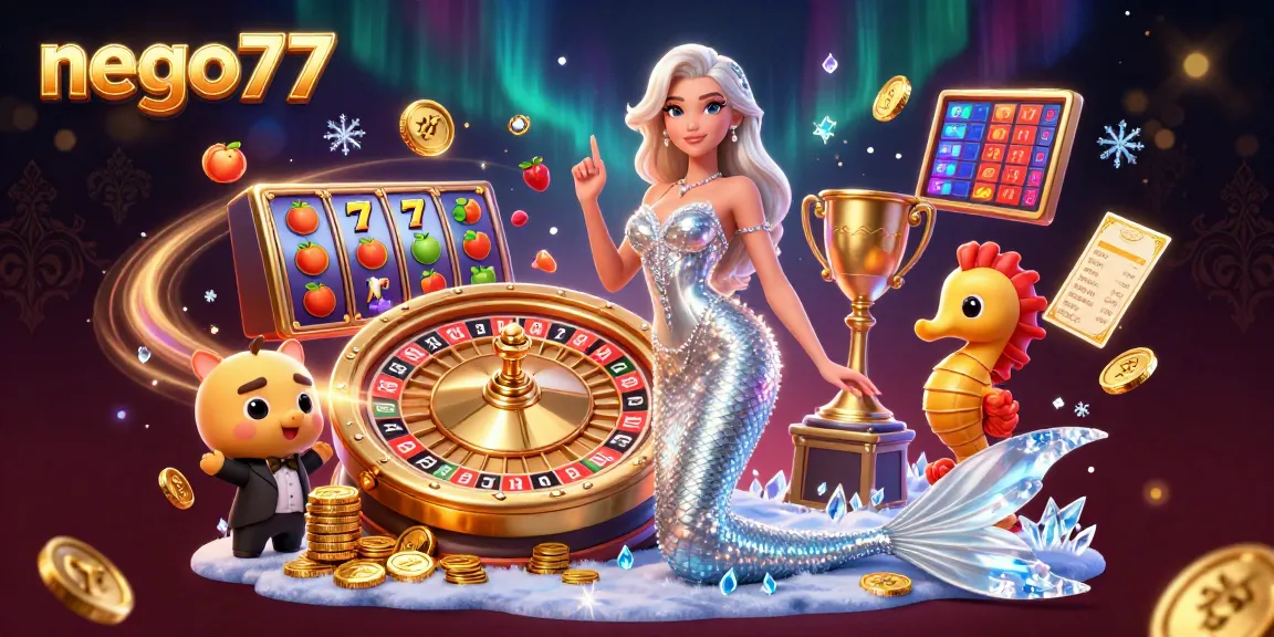 Nego77 slot game illustration with a stunning woman, roulette wheel, seahorse, and dynamic details